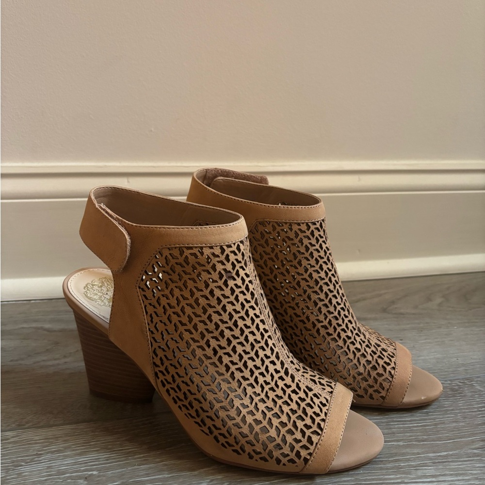 VINCE CAMITO Tan Peep-Toe Ankle Booties